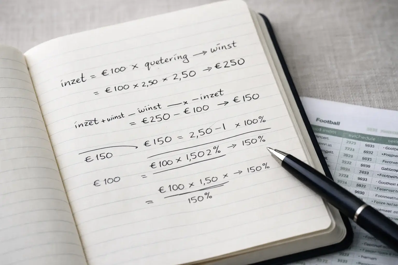 Notitieboek met handgeschreven berekening van voetbalquoteringen en implied probability