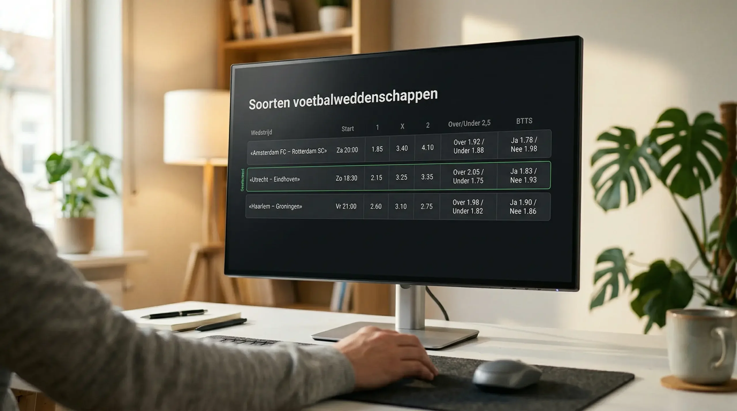 Overzicht soorten voetbalweddenschappen op een bord naast een voetbalveld