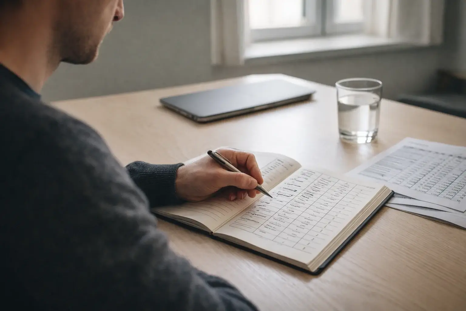 Persoon aan bureau met notitieblok en voetbalstatistieken voor strategisch wedden