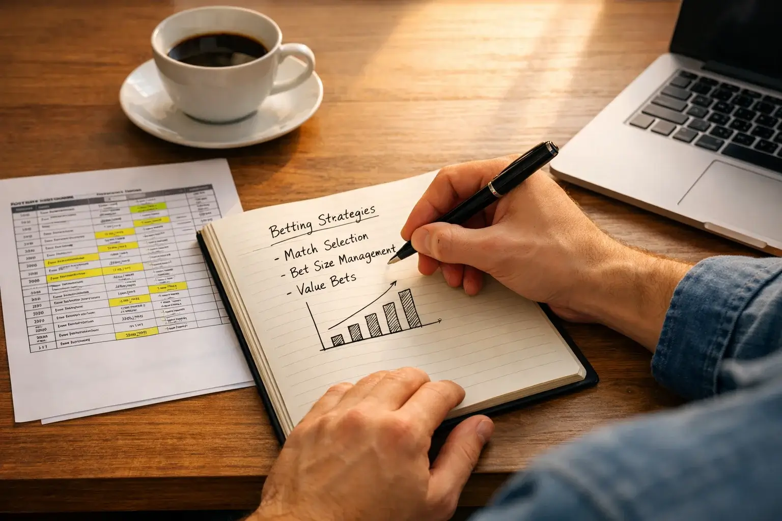 Voetbal wedden strategieën met notitieboek en wedstrijdanalyse